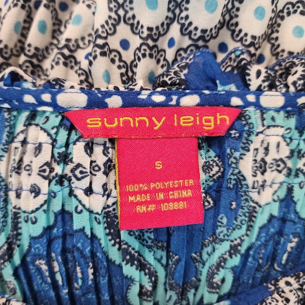 SUNNY LEIGH Size Small Blue Floral Sleeveless Pleated Rosette Ruffled Dress - Picture 10 of 11